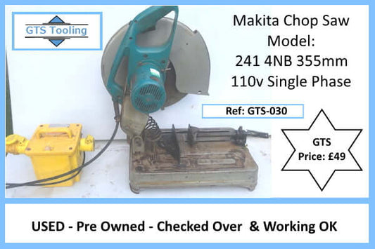 Image of Makita Chop Saw,  Power 110v, single phase. Type Model 241 4NB 355mm, Priced at £49 from GTS-Tooling. 