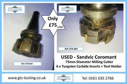  2 images of Sandvic Coromant Milling Cutter. with 6 x station,  tungsten carbide throwaway tip inserts. GTS reference number GTS-042