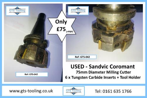  2 images of Sandvic Coromant Milling Cutter. with 6 x station,  tungsten carbide throwaway tip inserts. GTS reference number GTS-042