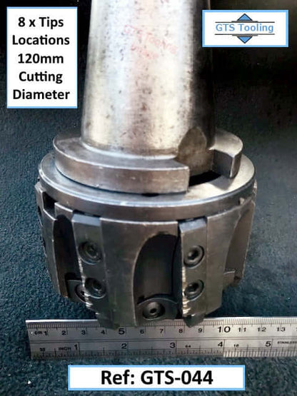 milling cutter showing the diameter with a steel ruler. shows 120mm cutting diameter