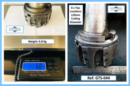 Milling Cutter on a scale showing 6.8 Kg. Tungsten Carbide Inserts x8 on a 120mm diameter milling cutter. On sale from GTS-Tooling.co.uk at £125