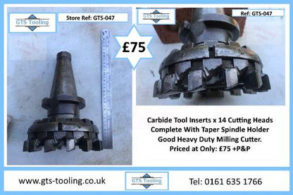 This photo is the main image of this milling cutter product page. (Ref: GTS-047) . The image shows 2x photos plus a full text description. The engineers  steel rule in the image, is showing the full height of this heavy duty 150mm diameter milling cutter. It also shows the Taper Toolholder which is for sale with the metal removing cutter. This image also describes the Vendors telephone number: 0161 635 1766 and its url: www.gts-tooling.co.uk.