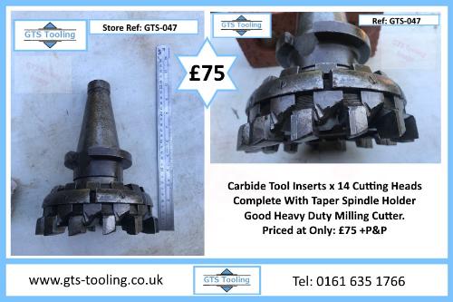 This photo is the main image of this milling cutter product page. (Ref: GTS-047) . The image shows 2x photos plus a full text description. The engineers  steel rule in the image, is showing the full height of this heavy duty 150mm diameter milling cutter. It also shows the Taper Toolholder which is for sale with the metal removing cutter. This image also describes the Vendors telephone number: 0161 635 1766 and its url: www.gts-tooling.co.uk.