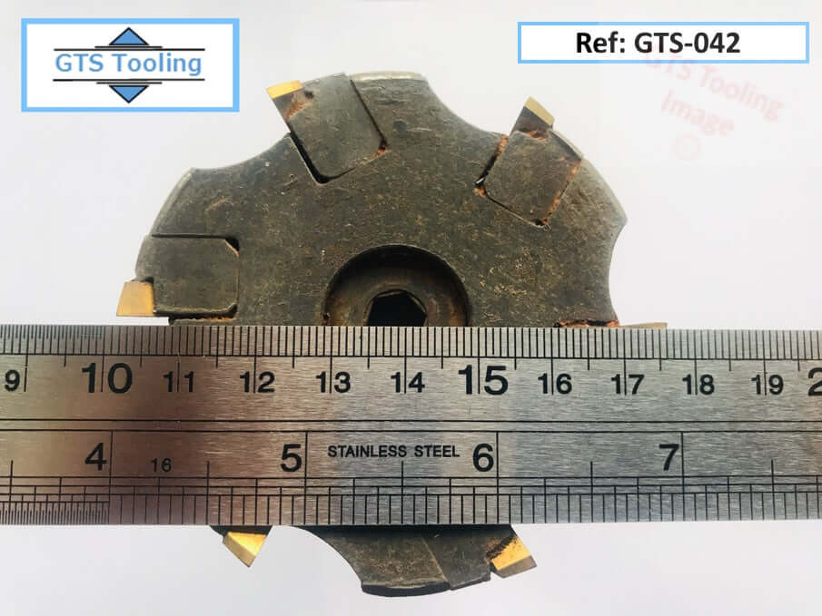 a 75mm diameter,  image of a Sandvic Coromant Milling Cutter. with 6 x station,  tungsten carbide throwaway tip inserts from GTS-Tooling.co.uk. GTS reference number GTS-042