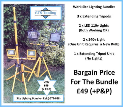 Work Site Lighting Complete With 3 x Extending Tripods, 110v Twin Lights, 240v Twin Lights - (Ref: GTS-028)