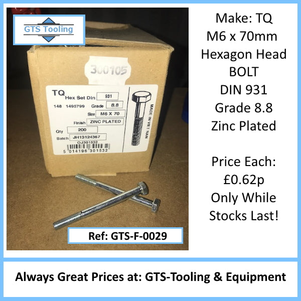 Image of M6x70mm Actual Bolt, With Labelled Box Container Showing a quantity of 200 bolt items. Priced from GTS Tooling at 62 pence each.