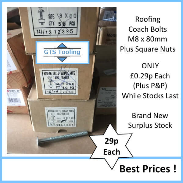 Photo of Original Boxes of Roofing Coach Bolts,  Size M8  x 80mm, Priced at Only 29p each