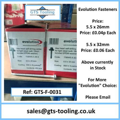 evolution fastener size 5.5x26mm, Also 5.5x32mm, Boxes of 250 off each