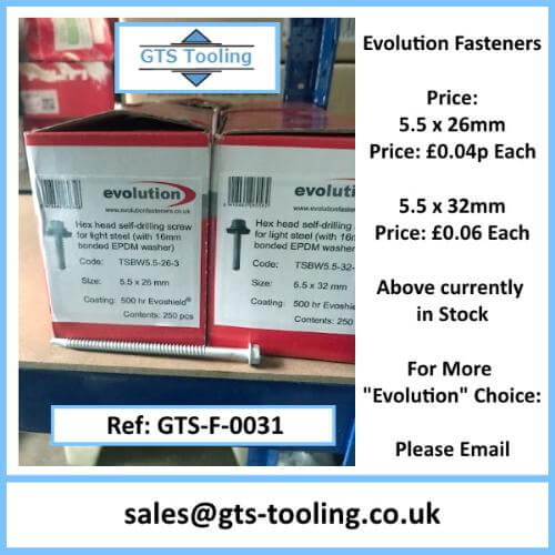 evolution fastener size 5.5x26mm, Also 5.5x32mm, Boxes of 250 off each