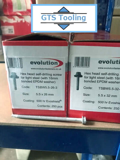 Image of box of 5.5mm x 26mm, self drilling screws for light steel.  Quantity is 250 per box. Screw is bonded with 16mm EPDM washer.