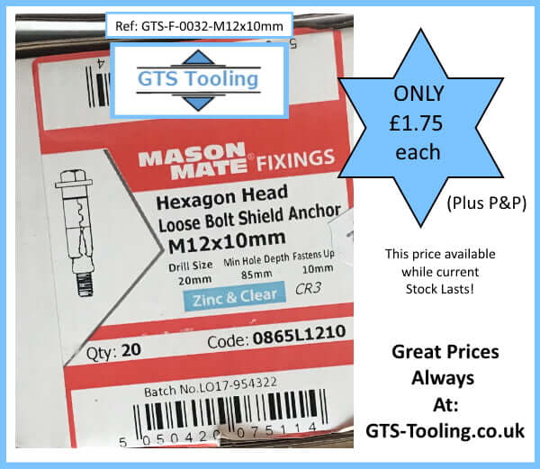 M12x10mm, Hexagon Head, Loose Bolt Shield Anchor, Zinc & Clear, CR3, £1.75 each.