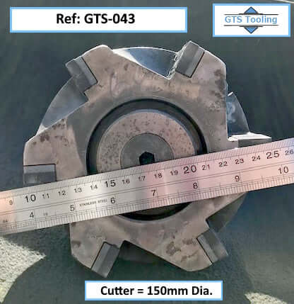 An image of an Archer 150mm diameter carbide cutter, with 6x Section Inserts. Ruler showing the actual diameter of the carbide insert heavy duty milling cutter. For sale from GTS-Tooling  & Equipment, Greater Manchester in the UK.