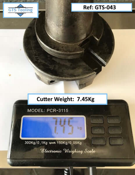 An image of an Archer 150mm diameter carbide cutter, with 6x Section Inserts. Image also shows the actual weight of 7.45 kilograms on a digital scale. For sale from GTS-Tooling  & Equipment, Greater Manchester in the UK.