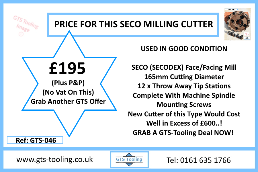 SECO 165mm Cutting Diameter, Tungsten Carbide Heavy Duty Face/Facing Mill Milling Cutter - 12 x Station Insert Head (Ref: GTS-046)