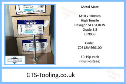 M10x100mm, Hexagon Head, SET SCREW, High Tensile Steel, Grade 8.8, DIN 933, Zinc & Clear CR-3