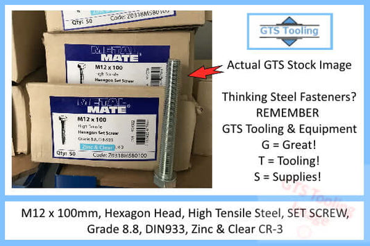 M12x100mm Hexagon Head, SET SCREW, High Tensile Steel, Grade 8.8, DIN933, Zinc & Clear CR-3