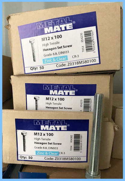 M12x100mm Hexagon Head, SET SCREW, High Tensile Steel, Grade 8.8, DIN933, Zinc & Clear CR-3