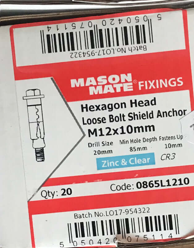 M12x10mm, Hexagon Head, Loose Bolt Shield Anchor, Zinc & Clear, CR3, £1.75 each.