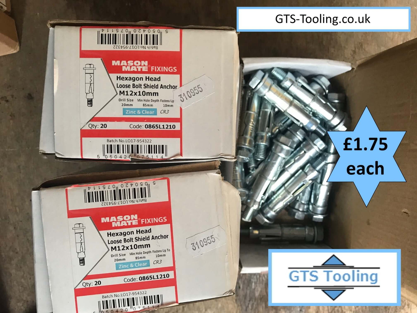 M12x10mm, Hexagon Head, Loose Bolt Shield Anchor, Zinc & Clear, CR3, £1.75 each.