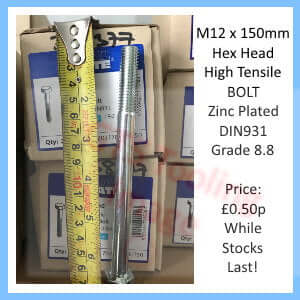 M12x150mm High Tensile BOLT, DIN931, Grade 8.8, New @ 50p each