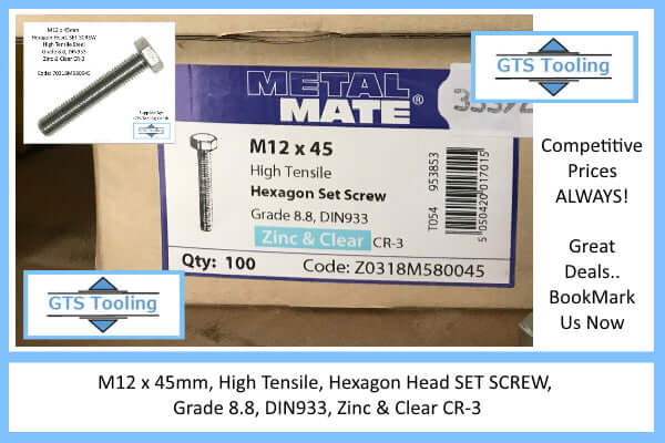 Actual Stock Image of Box of M12x45mm Hexagon Head Set Screw, DIN 933,