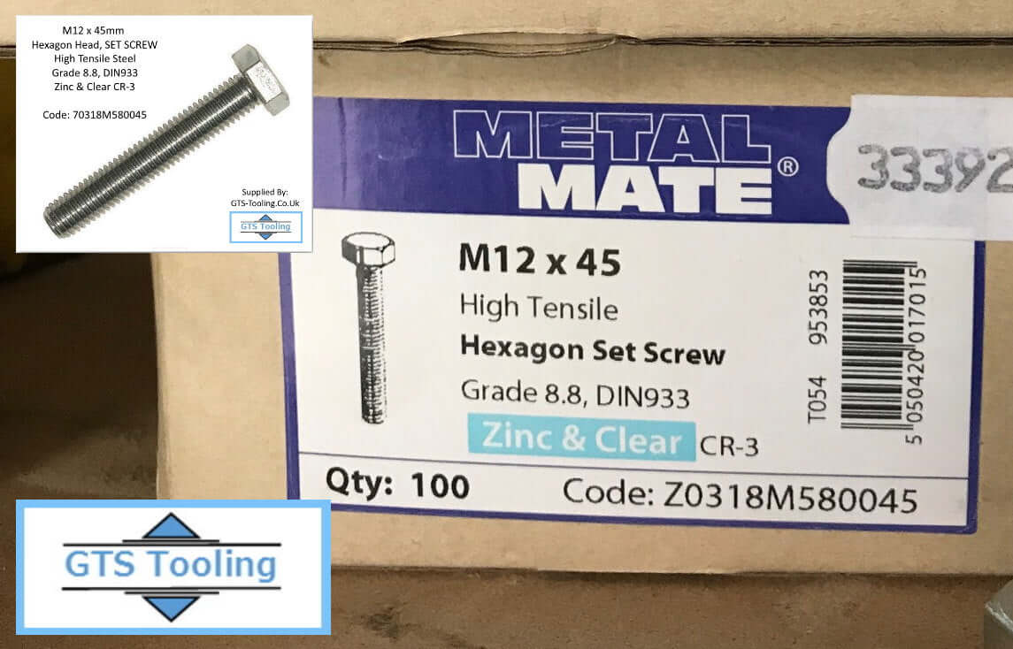 M12x45mm, Hexagon Head, SET SCREW, High Tensile Steel, Grade 8.8, DIN933 Zinc & Clear, CR-3,