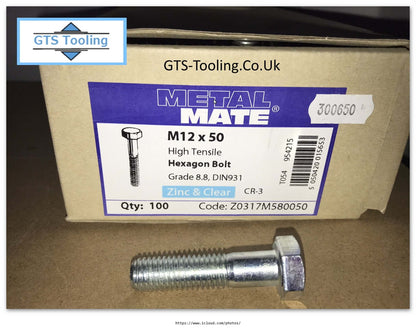 M12x50mm Hexagon Head, BOLT, High Tensile Steel, Grade 8.8, DIN931, Zinc & Clear CR-3, Only 25p Each, (Our Ref: GTS-F-0002-50)