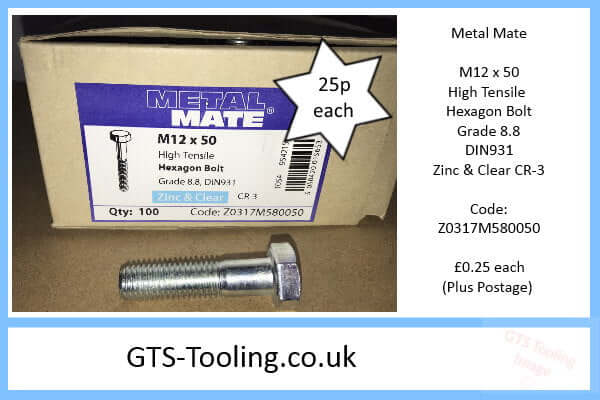 M12 x 50mm High Tensile Steel, Hexagon Head BOLT, Grade 8.8, DIN931, Zinc Plated. Boxed Image