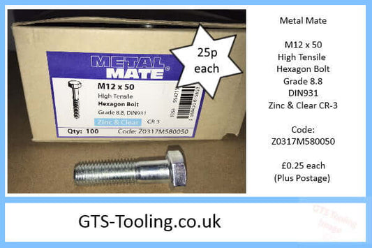 M12 x 50mm High Tensile Steel, Hexagon Head BOLT, Grade 8.8, DIN931, Zinc Plated. Boxed Image