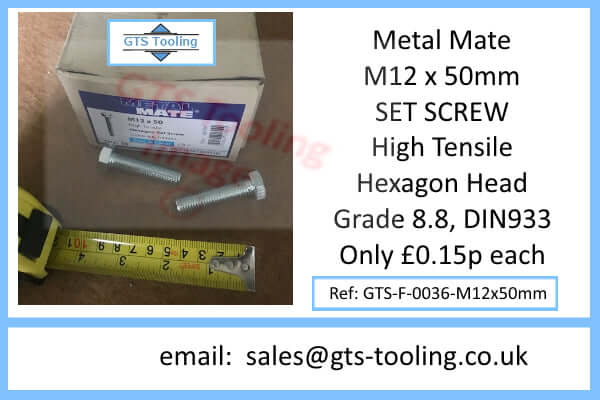 M12x50mm, Hexagon Head, High Tensile, SET SCREW, Grade 8.8, DIN933, Zinc & Clear