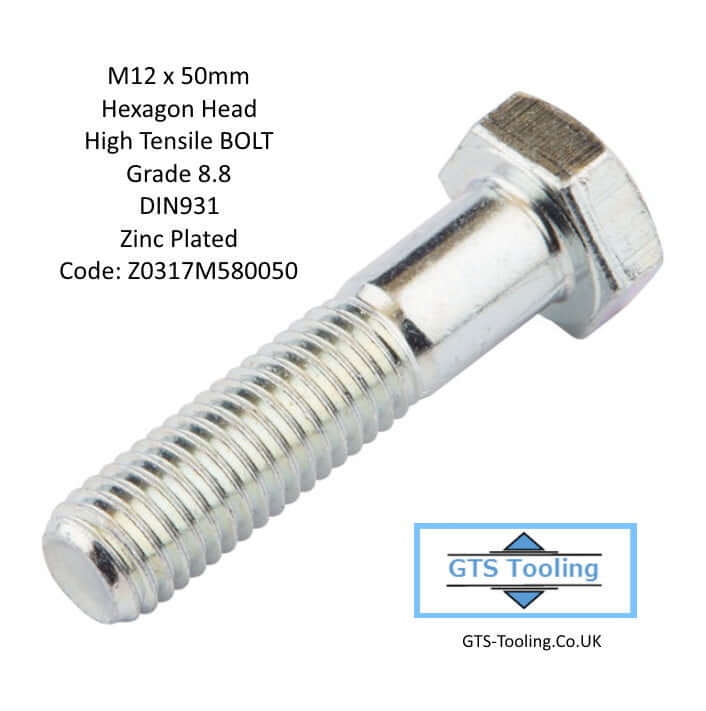 M12x50mm Hexagon Head, BOLT, High Tensile Steel, Grade 8.8, DIN931, Zinc & Clear CR-3, Only 25p Each, (Our Ref: GTS-F-0002-50)