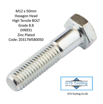 M12x50mm Hexagon Head, BOLT, High Tensile Steel, Grade 8.8, DIN931, Zinc & Clear CR-3, Only 25p Each, (Our Ref: GTS-F-0002-50)