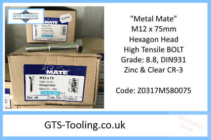 M12 x 75mm Hexagon Head, BOLT, High Tensile Steel, Grade 8.8, DIN931, Zinc & Clear CR-3, ONLY: £0.25p each, (Our Ref: GTS-F-0003-75)