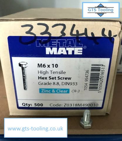 M6 x 10mm Hexagon Head, SET SCREW, High Tensile Steel, Grade 8.8, DIN933, Zinc & Clear CR-3