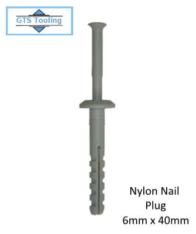 an individual nylon nail plug, size 40mm in length x  6mm in diameter. Priced at £0.06 each nail from GTS Tooling & Equipment