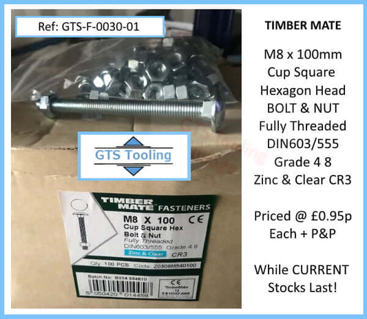 Image of original box of M8 x 100mm Cup Square Hexagon Head Bolt & Nuts from GTS-Tooling.co.uk  manchester